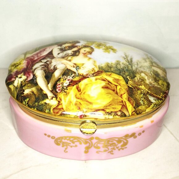 Collectible Porcelain Trinket Box with Painted Scene Vanity And  Dresser Decor - Picture 2 of 7